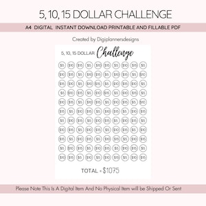 5,10,15 Dollar Money Challenge,Money Saving Challenge Printable, Savings Challenge, Savings Tracker, Savings Planner, Printable PDF