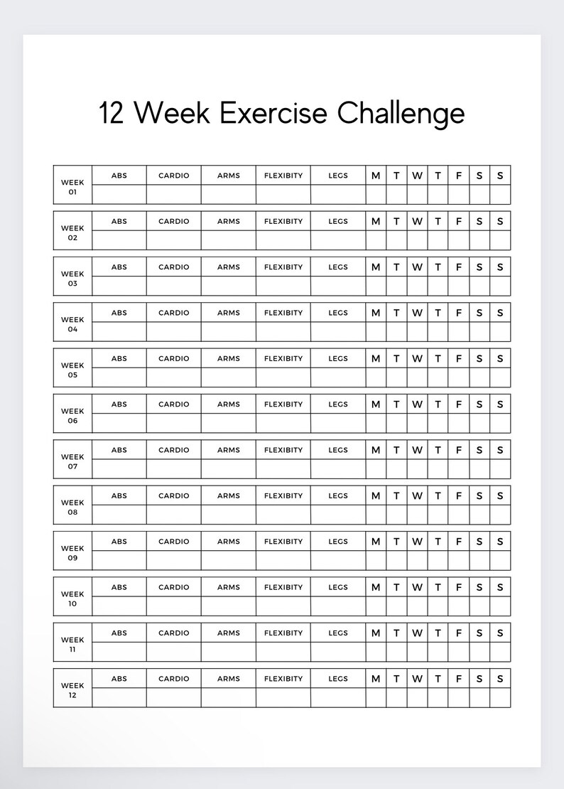 Puede incluir: Un gr&aacute;fico en blanco y negro del Desaf&iacute;o de Ejercicio de 12 Semanas. El gr&aacute;fico se divide en 12 semanas, con secciones para ejercicios de ABS, CARDIO, BRAZOS, FLEXIBILIDAD y PIERNAS. Cada semana tiene un espacio para marcar los d&iacute;as de la semana.