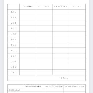 May include: A printable year-at-a-glance budget planner with sections for income, savings, expenses, and totals. It includes a monthly breakdown from January to December, as well as sections for side income, investments, debt, total before tax, and total after tax.