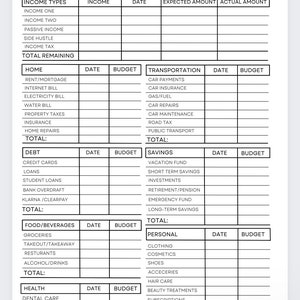 May include: A printable budget breakdown planner with categories for income, home, debt, savings, food and beverages, personal, and health. The planner includes sections for date, budget, and total.