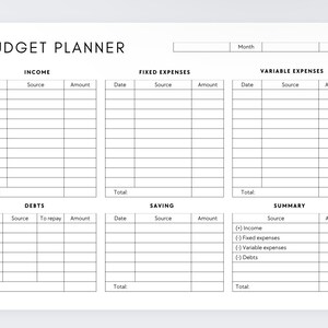 May include: A black and white printable budget planner with sections for income, fixed expenses, variable expenses, debts, savings, and a summary. The planner includes columns for date, source, amount, and total.