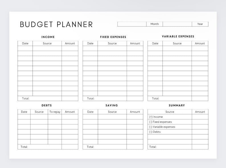 May include: A black and white printable budget planner with sections for income, fixed expenses, variable expenses, debts, savings, and a summary. The planner includes columns for date, source, amount, and total.