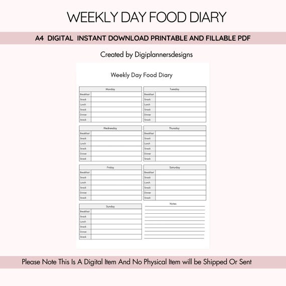Grey Weekly Day Food Diary,Meal Tracker,Diet Planner,Nutrition Log,Daily Food Log,Meal Planner,Health Journal,Meal Planner PDF,Snack Tracker