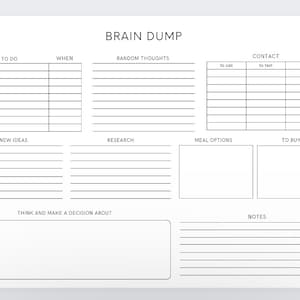 Puede incluir: Un planificador de descarga cerebral imprimible con secciones para hacer, cu&aacute;ndo, pensamientos aleatorios, contacto, nuevas ideas, investigaci&oacute;n, opciones de comida, para comprar, pensar y tomar una decisi&oacute;n, y notas.