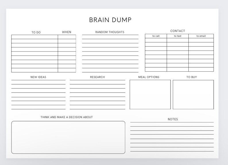 Puede incluir: Un planificador de descarga cerebral imprimible con secciones para hacer, cu&aacute;ndo, pensamientos aleatorios, contacto, nuevas ideas, investigaci&oacute;n, opciones de comida, para comprar, pensar y tomar una decisi&oacute;n, y notas.