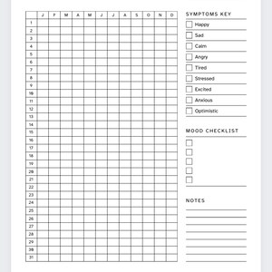 May include: A black and white printable mood tracker with a grid for each day of the month. The tracker includes a section for symptoms key and mood checklist.