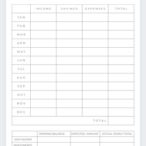 May include: A black and white printable budget tracker with the title "Year at a Glance". The tracker includes sections for income, savings, expenses, and total for each month of the year. It also includes sections for side income, investments, debt, total before tax, and total after tax.