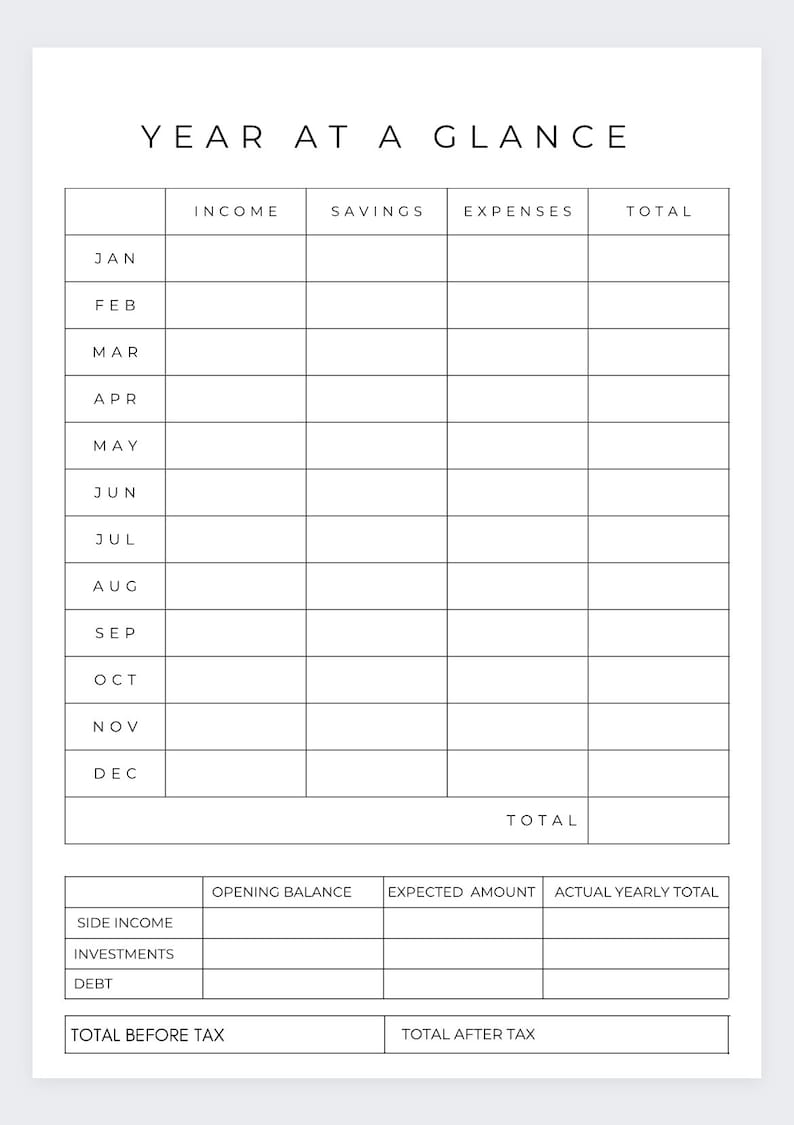 May include: A black and white printable budget tracker with the title "Year at a Glance". The tracker includes sections for income, savings, expenses, and total for each month of the year. It also includes sections for side income, investments, debt, total before tax, and total after tax.