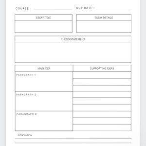 Pu&ograve; includere: Un pianificatore di saggi stampabile con sezioni per il corso, la data di scadenza, il titolo del saggio, i dettagli del saggio, l'enunciato della tesi, l'idea principale, le idee di supporto, il paragrafo 1, il paragrafo 2, il paragrafo 3 e la conclusione.