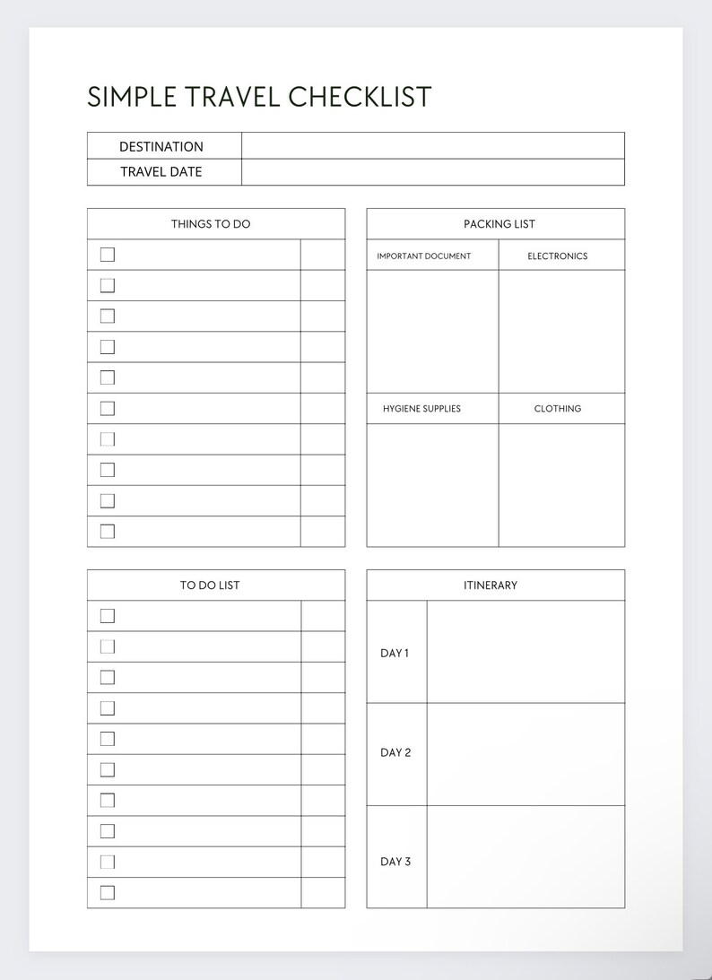 Pu&ograve; includere: Un elenco di controllo di viaggio stampabile con sezioni per la destinazione, la data di viaggio, le cose da fare, la lista di imballaggio, la lista di cose da fare e l'itinerario. L'elenco di controllo include spazi per scrivere e caselle di controllo.