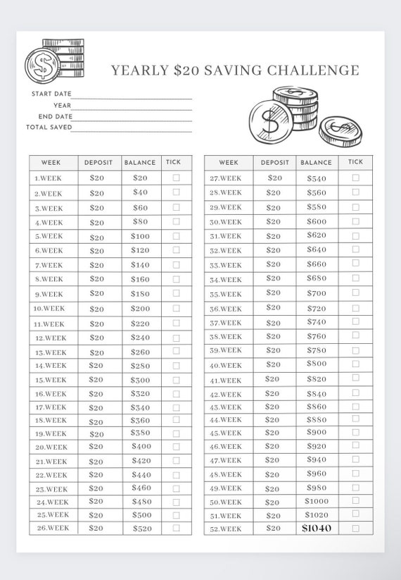 20 dollars chaque semaine,Défi d'argent,Défi d'économie d'argent