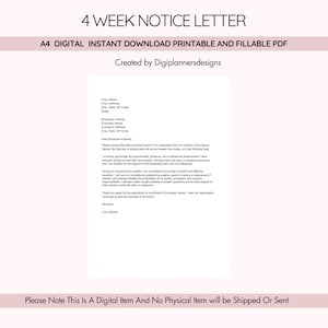 Peut inclure: Un modèle numérique et imprimable de lettre de préavis de 4 semaines au format PDF. Le document est sur fond blanc avec du texte noir, comprenant des champs pour les informations de l'employé et de l'employeur. Le texte en haut indique "4 WEEK NOTICE LETTER".