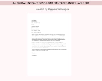 May include: A digital, printable 4-week notice letter template in PDF format. The document is on a white background with black text, including fields for the employee's and employer's information. The text at the top reads "4 WEEK NOTICE LETTER".