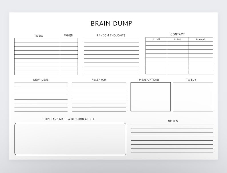 Puede incluir: Un planificador de descarga cerebral imprimible con secciones para hacer, cu&aacute;ndo, pensamientos aleatorios, contacto, nuevas ideas, investigaci&oacute;n, opciones de comida, para comprar, pensar y tomar una decisi&oacute;n, y notas.