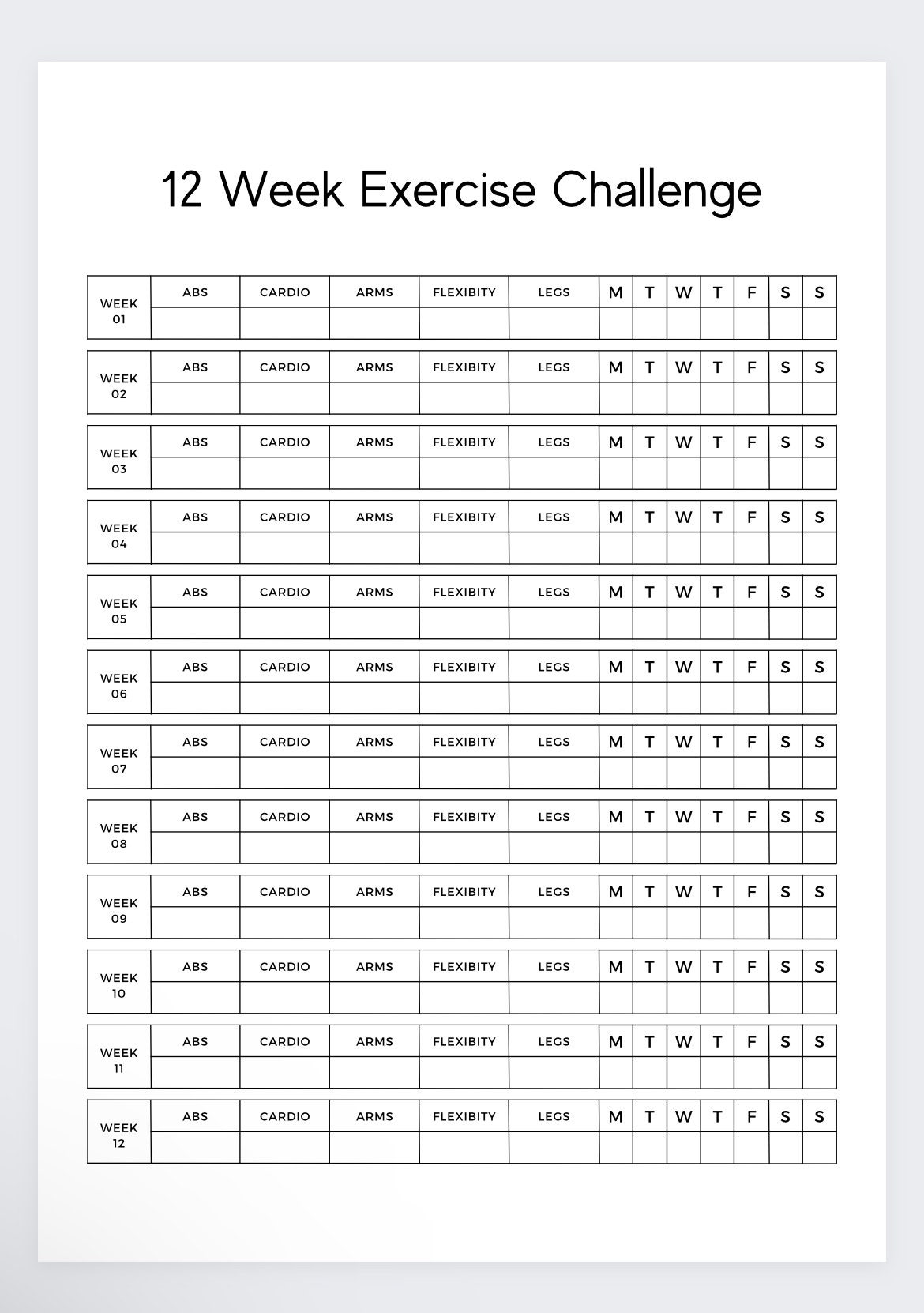 12 Week Exercise Challenge,workout Tracker,fitness Log,workbook Log
