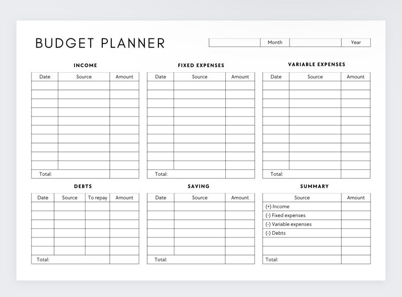 May include: A black and white printable budget planner with sections for income, fixed expenses, variable expenses, debts, savings, and a summary. The planner includes columns for date, source, amount, and total.
