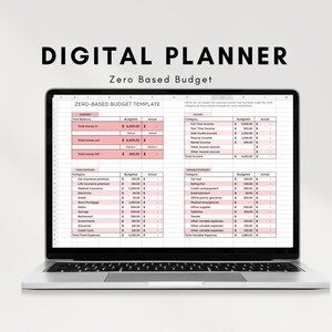May include: A digital planner template for zero-based budgeting. The template includes sections for income, fixed expenses, and variable expenses. The template is displayed on a laptop screen.