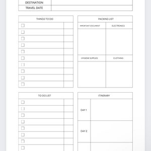 Pu&ograve; includere: Un elenco di controllo di viaggio stampabile con sezioni per la destinazione, la data di viaggio, le cose da fare, la lista di imballaggio, la lista di cose da fare e l'itinerario. L'elenco di controllo include spazi per scrivere e caselle di controllo.