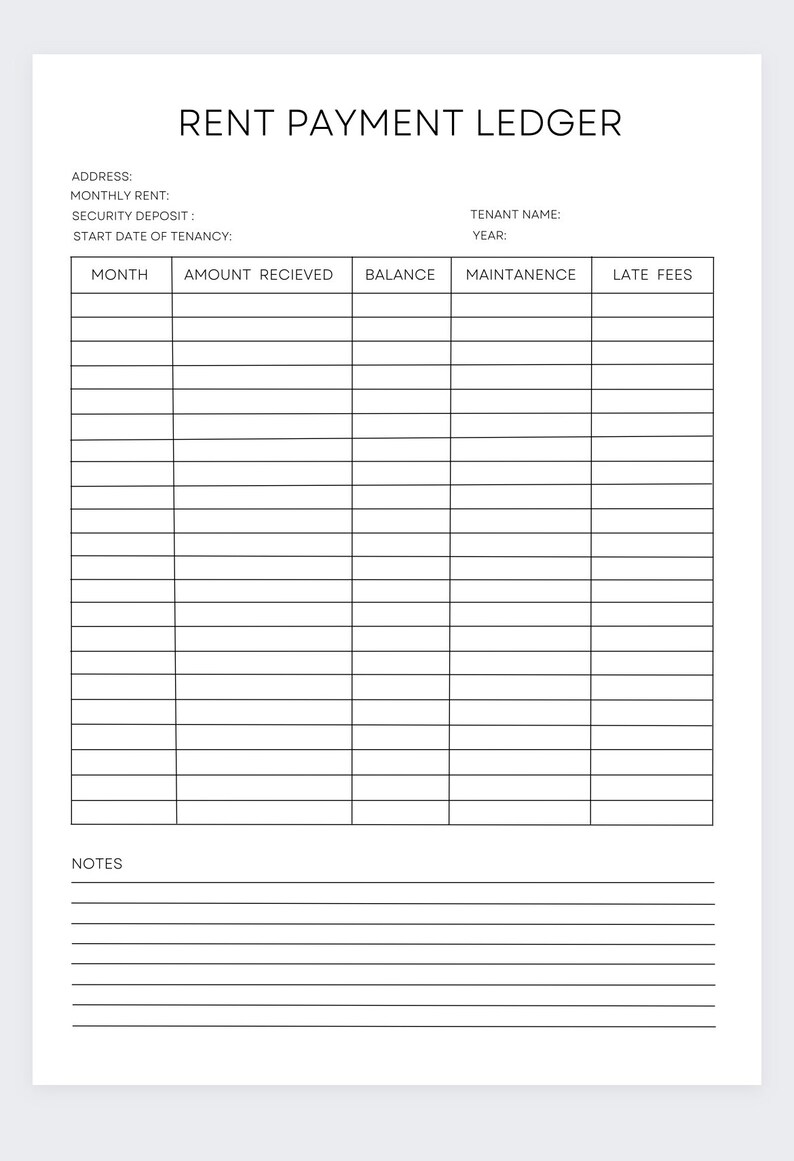 May include: A black and white printable rent payment ledger with columns for month, amount received, balance, maintenance, and late fees. There are spaces for notes at the bottom of the page.