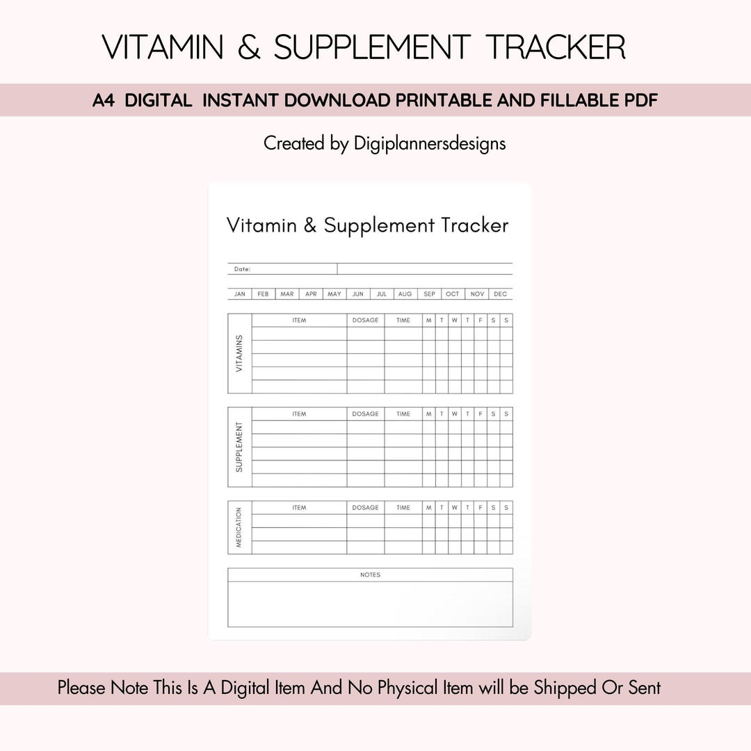 Supplement Stack Log Vitamin and Supplement Tracker, Daily Supplement Log, Health Tracker ...
