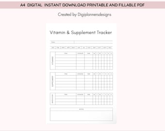 Vitamin and Supplement Tracker, Daily Supplement Log, Health Tracker, Nutrition Tracker, Wellness Planner, Pill Tracker, Self Care Planner