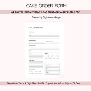 Cake Order Form, Custom Cake Order Sheet, Bakery Order Tracker, Cake Size Flavor Quantity Log, Dessert Order Planner, Bakery Sales Form