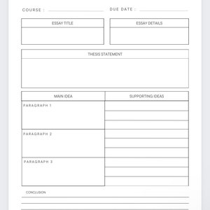 Pu&ograve; includere: Un pianificatore di saggi stampabile con sezioni per il corso, il titolo del saggio, la data di scadenza, i dettagli del saggio, l'enunciato della tesi, l'idea principale, le idee di supporto, il paragrafo 1, il paragrafo 2, il paragrafo 3 e la conclusione.