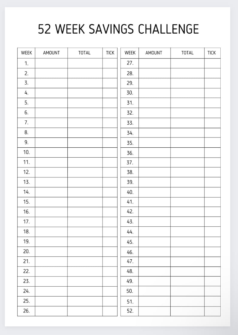 Op de afbeelding: Een zwart-witte printbare 52-weekse spaaruitdagingstabel. De tabel is verdeeld in twee kolommen, elk met 26 rijen. Elke rij heeft een weeknummer, bedrag, totaal en vinkvakje.