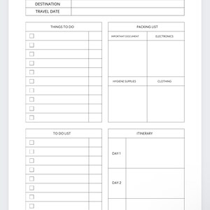 Pu&ograve; includere: Un elenco di controllo di viaggio stampabile con sezioni per la destinazione, la data di viaggio, le cose da fare, la lista di imballaggio, la lista di cose da fare e l'itinerario. L'elenco di controllo include spazi per scrivere e caselle di controllo.