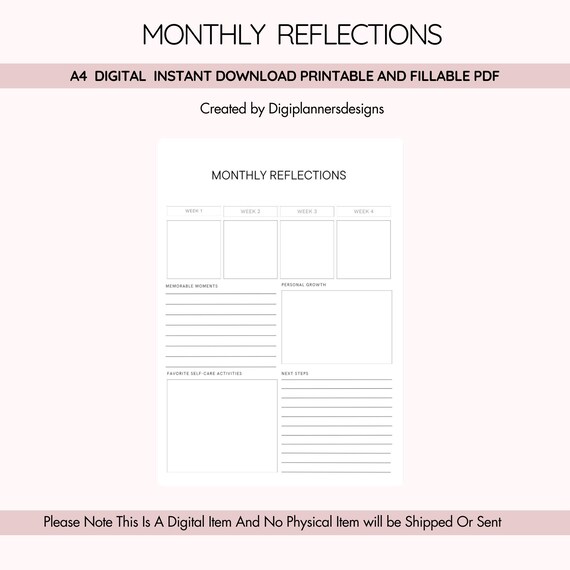 Monthly Reflections,Reflection Journal,Self Reflection Planner,Personal Growth Tracker, Mindfulness Journal,Goal Review Planner,Life Tracker