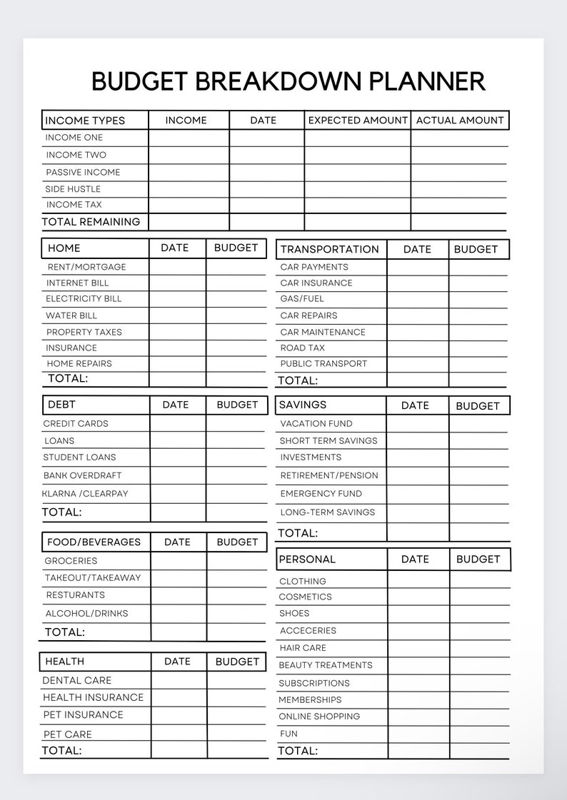 May include: A printable budget breakdown planner with categories for income, home, debt, savings, food and beverages, personal, and health. The planner includes sections for date, budget, and total.