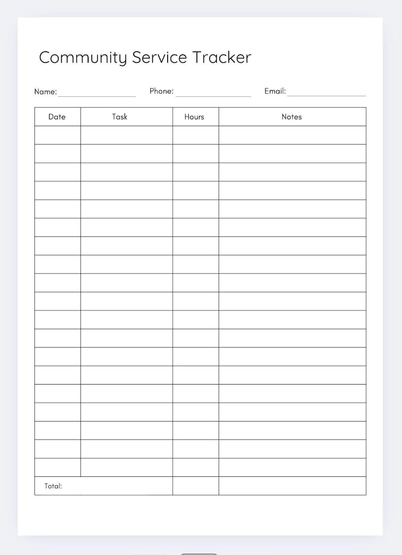 Community Service Sheet.pdf Community Service Tracker,community Service Log,volunteer Hours Record ...