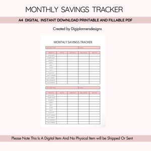 Pink Monthly Savings Tracker Printable PDF, Money Saving Log, Budget Planner Sheet, Financial Goals Tracker, Personal Finance Tool image 1