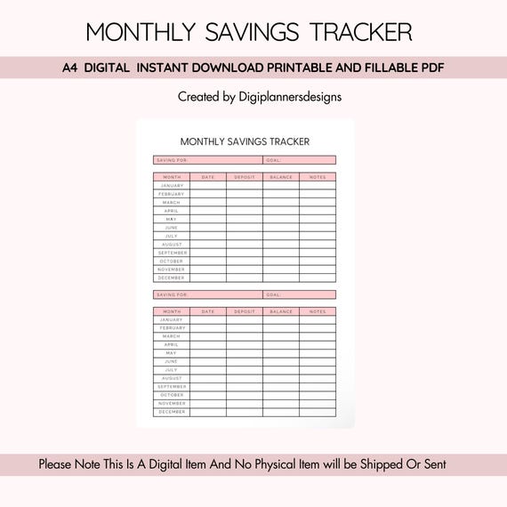 Pink Monthly Savings Tracker Printable PDF, Money Saving Log, Budget Planner Sheet, Financial Goals Tracker, Personal Finance Tool