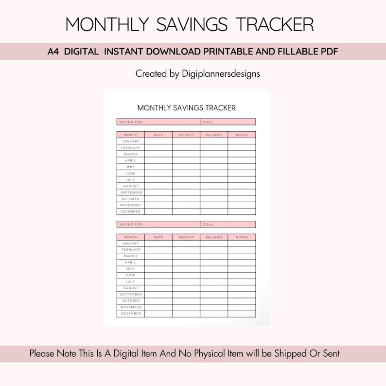 Pink Monthly Savings Tracker Printable PDF, Money Saving Log, Budget Planner Sheet, Financial Goals Tracker, Personal Finance Tool image 1