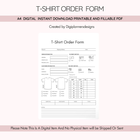 T Shirt Order Form, Print On Demand Order Form, Custom Shirt Order Sheet, Apparel Order Tracker, Size Color Quantity Log, POD Business Form