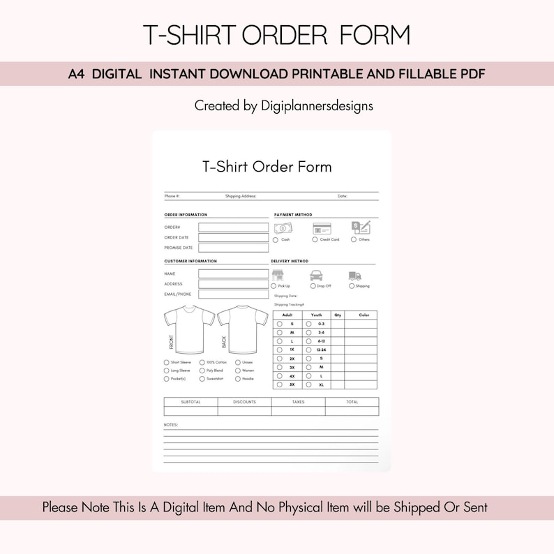 T Shirt Order Form, Print On Demand Order Form, Custom Shirt Order Sheet, Apparel Order Tracker, Size Color Quantity Log, POD Business Form image 1