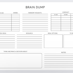 Puede incluir: Un planificador de descarga cerebral imprimible con secciones para hacer, cu&aacute;ndo, pensamientos aleatorios, contacto, nuevas ideas, investigaci&oacute;n, opciones de comida, para comprar, pensar y tomar una decisi&oacute;n, y notas.