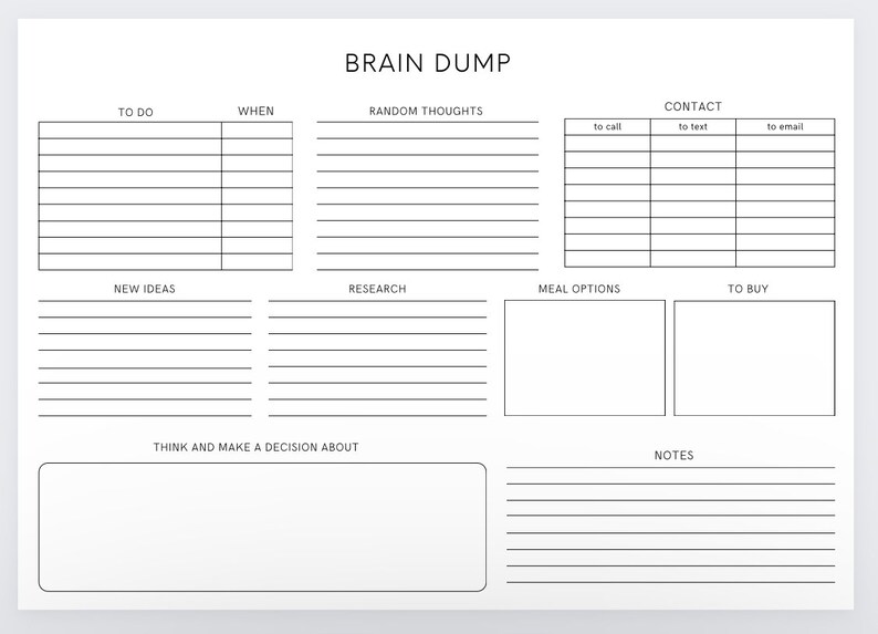 Puede incluir: Un planificador de descarga cerebral imprimible con secciones para hacer, cu&aacute;ndo, pensamientos aleatorios, contacto, nuevas ideas, investigaci&oacute;n, opciones de comida, para comprar, pensar y tomar una decisi&oacute;n, y notas.