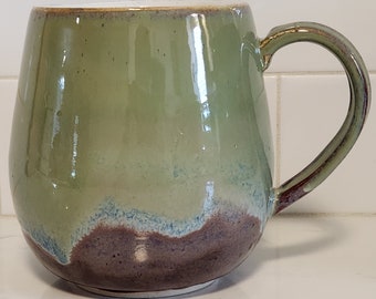 XL Handmade Coffee Mug, 24oz, Wheel Thrown Stoneware Cup with Hand Pulled Handle, Drippy Green and Purple, Microwave and Dishwasher Safe!