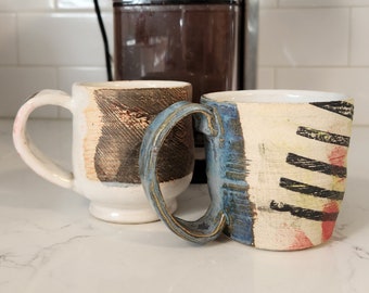 Handmade Coffee Mug, 8oz, Wheel Thrown Stoneware Cup with Hand Pulled Handle, Organic and Geometric Pattern, Microwave and Dishwasher Safe!