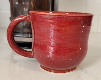 Handmade Coffee Mug, 12oz, Wheel Thrown Stoneware Cup with Hand Pulled Handle, Ruby Red Glaze, Microwave and Dishwasher Safe! Coffee and Tea