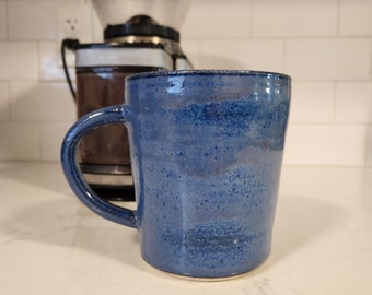 Handmade Coffee Mug, 16oz, Wheel Thrown Stoneware Cup with Hand Pulled Handle, Blue Glaze, Microwave and Dishwasher Safe! Coffee and Tea