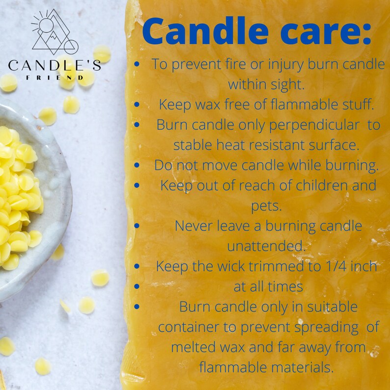 May include: Candle care instructions on a yellow background with a white border. The text includes tips for preventing fire and injury, keeping wax free of flammable materials, and burning candles safely.