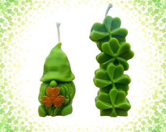 St. Patrick's Day candle / Pure beeswax / Shamrock candle / Lucky Four Leaf Clover / Irish Decor / Gnome candle / Irish candle / Irish gift