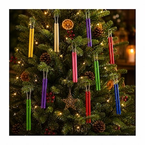 May include: A collection of hanging ornaments shaped like pairs of thin, solid-colored candles in yellow, cream, purple, pink, green, red, and blue. Each pair is suspended by a simple wire loop, creating a vibrant display of vertical lines.