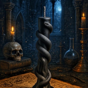 May include: A black candle with a snake wrapped around it, sitting on a book with a pentagram symbol. The candle is in a dark, gothic setting with a skull and other candles in the background.