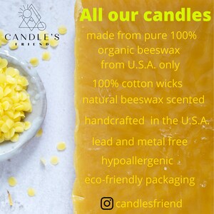 May include: A yellow block of beeswax with text that reads "All our candles made from pure 100% organic beeswax from U.S.A. only 100% cotton wicks natural beeswax scented handcrafted in the U.S.A. lead and metal free hypoallergenic eco-friendly packaging candlesfriend".