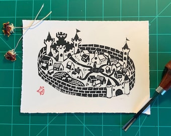 Castle Town 5x7 Hand Printed Linocut