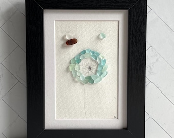 Dandelion Theme Sea Glass Art, Framed 5 x 7 Beach Glass Wall Decor Housewarming or Gift for a Nature Lover, Floral Birthday Gift for Friend
